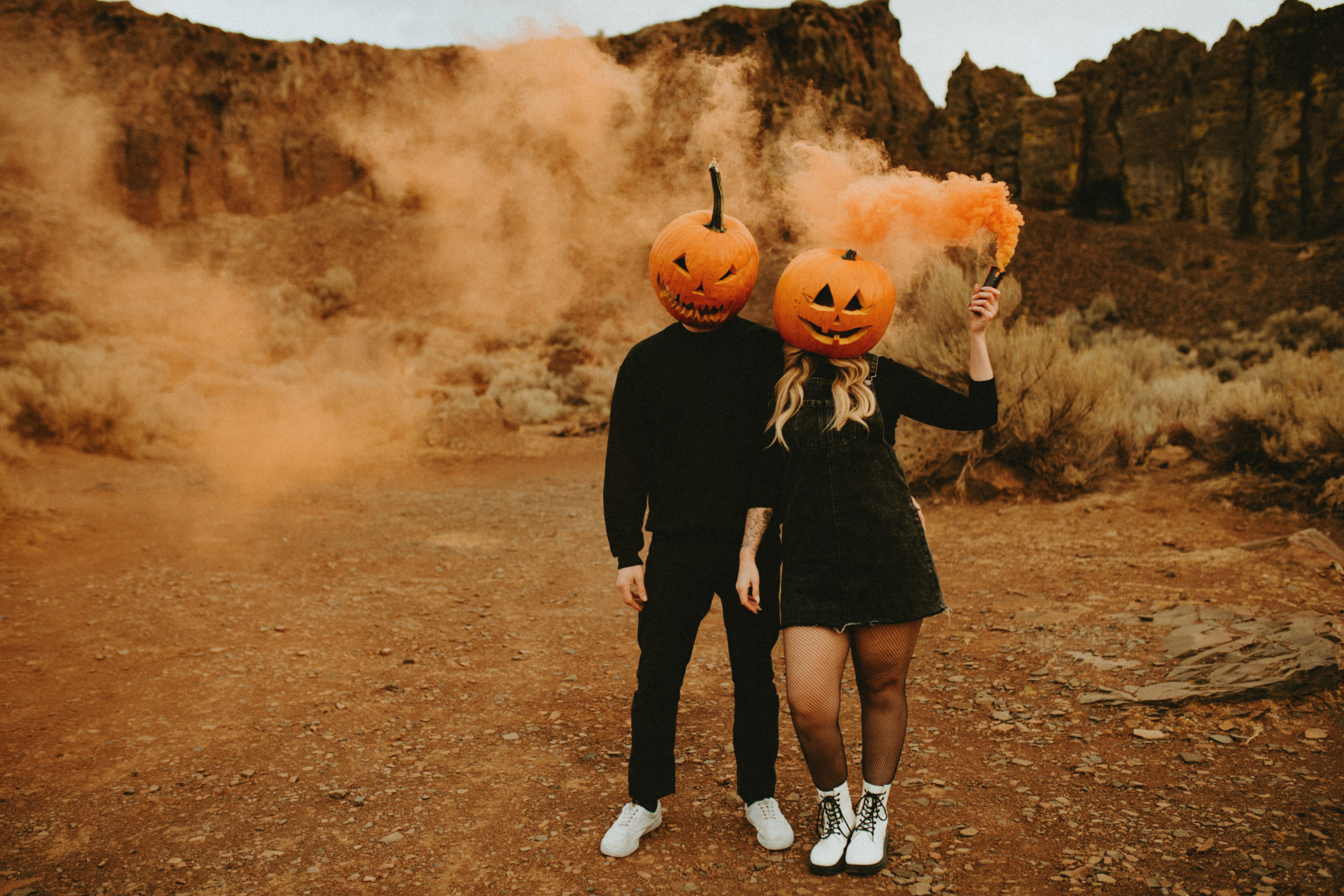 Halloween photoshoot with pumpkin heads